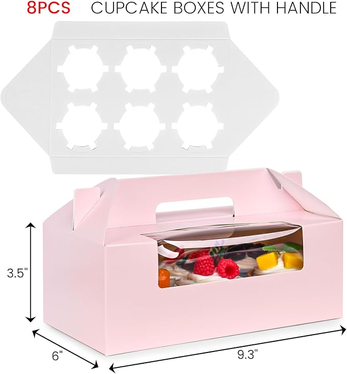 VGOODALL 6 Count Cupcake Boxes,8 Sets Pink Cupcake Containers with Window for Weeding Birthday Holiday Bakery Supplies Party Decorations 9.3" x 6" x 3.5"