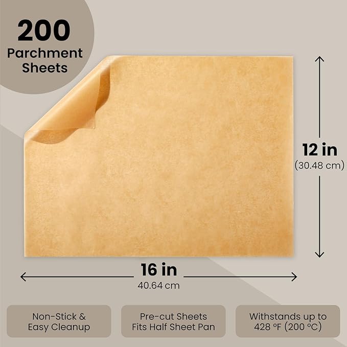 Juvale Parchment Paper Sheets - 200 Pack, 12 x 16 in, Unbleached Brown - Nonstick Half Sheet Pan Liners & Parchment Paper for Baking - Disposable Air Fryer Liners for Grilling & Steaming