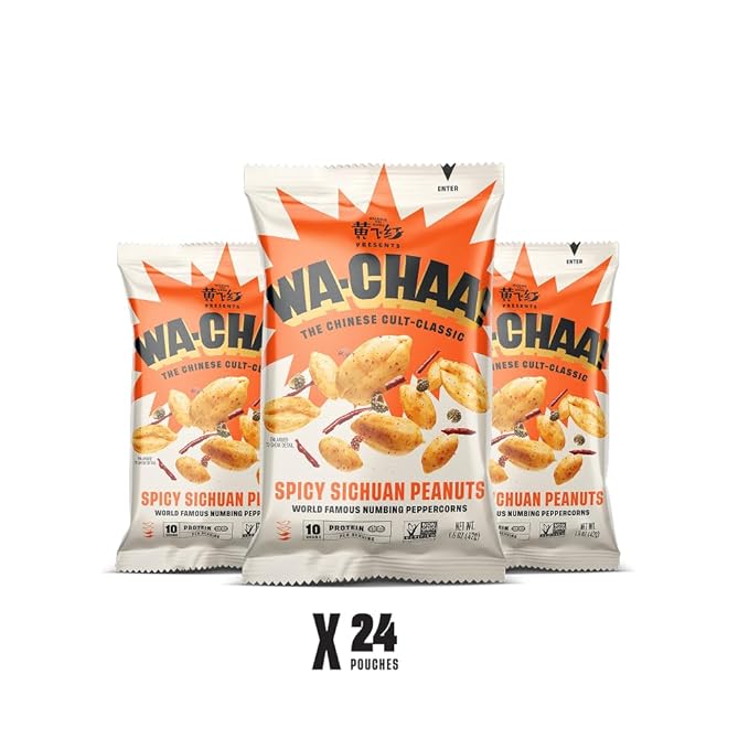 WA-CHAA! Spicy Sichuan Peanuts, Numbing Mala Peppercorns, Toasted Chili Flakes, Protein-Packed, Party Snacks, Non-GMO, On-The-Go Travel Size 1.5 Oz (24 Pack, Original Heat)