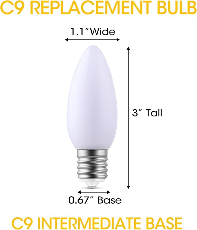 25-Pack Ceramic C9 LED Christmas Light Bulbs, Cool White LED Light Bulbs Holiday Decoration, Cool Christmas Decor for Indoor & Outdoor Use, E17/C9 Intermediate Base (Cool White Smooth)