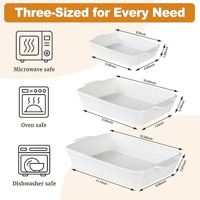 Casserole Dishes for Oven, Porcelain Baking Dishes, Ceramic Bakeware Sets of 3, Rectangular Lasagna Pans Deep with Handles for Baking Cake Kitchen ﻿ (white)