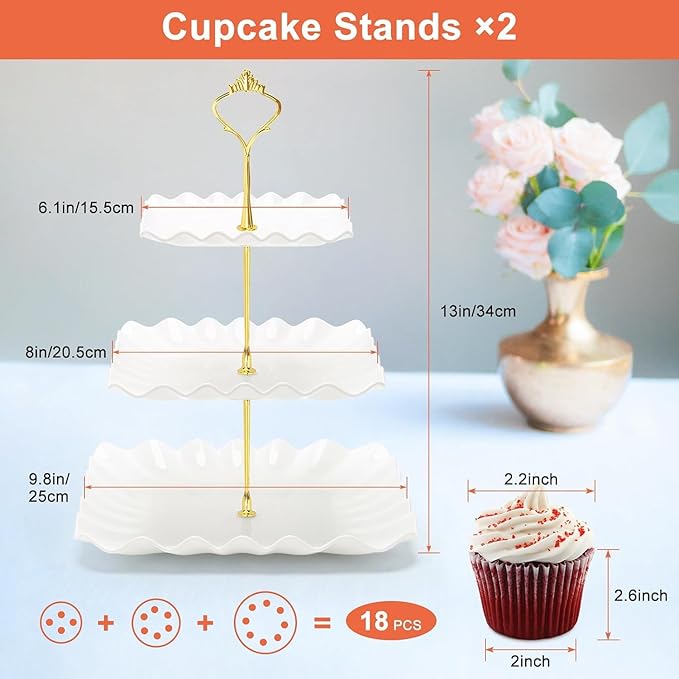 Coitak 8 Pieces Cupcake Stand Set, 2 PCS 3 Tier Cupcake Stands with 3 PCS Appetizer Trays, 3 PCS Serving Tongs, Dessert Tower Tray for Tea Party (White)
