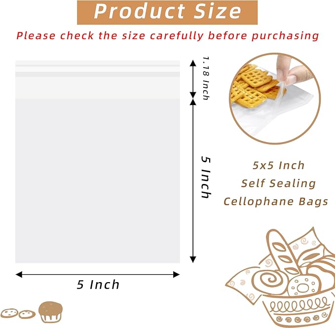 5x5 Inch Cookie Bags, 120 Pcs Clear Self Sealing Cellophane Treat Bags for Candy, Jewelry, Gift Wrapping, Party Favors, Crafts, Cookie Wrappers Self Adhesive