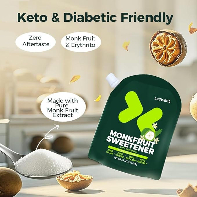 Lesweet Monk Fruit Sweetener with Erythritol, Monk Fruit Extract, 1:1 White Sugar Substitute, Zero Calorie, Keto Friendly, Non-GMO, Perfect for Coffee & Baking, 16 oz (Pack of 1)