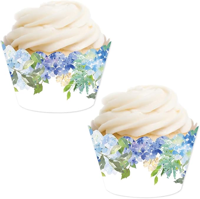 Andaz Press Party Cupcake Wrapper Decorations, Baby Blue Hydrangeas on White, 24-Pack, For Girls 1st Birthday Baby Bridal Shower Tea Party Themed Decorations