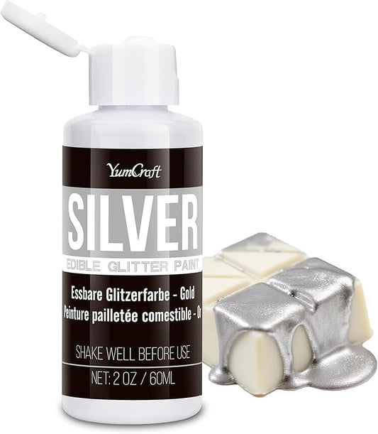 Edible Glitter Paint Silver, Shimmering Liquid Luster Dust for Chocolate, Drinks, Cake, Candy, Sprinkles Cocktail Glitter - Metallic Edible Cake Paint for Cookie, Fondant Vegan Cake Decorating