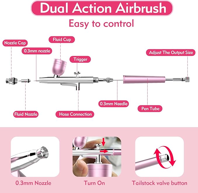 Cordless Rechargeable Airbrush Kit with Compressor - Adjustable High-Pressure Non-Clogging 0.3mm Nozzle Complete Set for Nail Art, Cake Decor, Barber, Model Painting & Makeup (PINK)