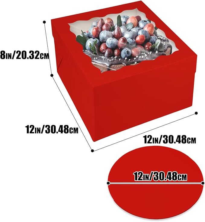 Bakepacker 36pcs 12x12x8 Inches Cake Boxes with Window 18-Packs Red Cake Boxes 12 Inch Bakery Boxes (18 Cake Boxes +18 Cake Boards Included)
