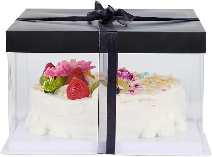 Restaurantware Sweet Vision 10 Inch x 8.25 Inch Transparent Cake Boxes 10 Grease Resistant Base Clear Cake Boxes - Black Lid Black Ribbon Plastic Birthday Cake Boxes For Weddings Or Birthdays