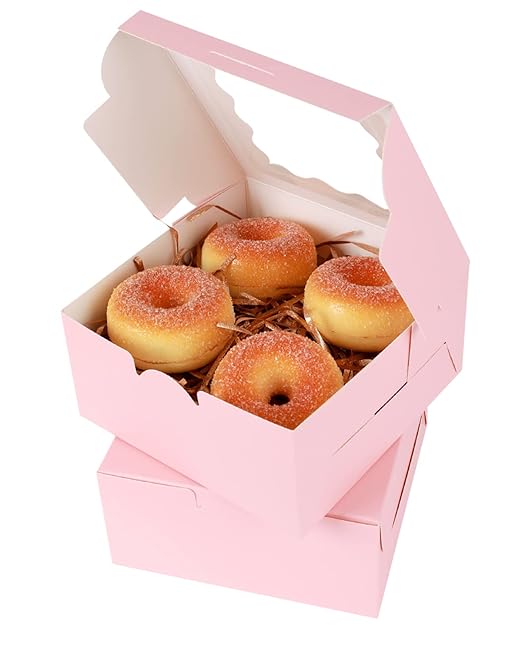 qiqee Pink Bakery Box with Window 100packs 6x6x3 Pink Cookie Boxes Pastry Box for Wedding Favor Birthday ＆ Party