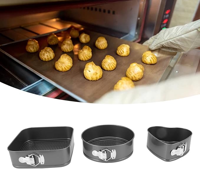 Springform Pan Set, 3PCS Cake Pans Baking Pans Set Carbon Steel Round Heart Square Shape Non Stick Cheesecake Pan for Kitchen (22/24/26)