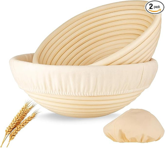 2 Pack Bread Proofing Baskets for Sourdough – 9 Inch Round Banneton Bowls with Linen Liners – Natural Rattan Dough Rising Baskets for Artisan Bread, Home & Bakery