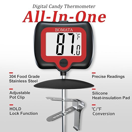 BOMATA Digital Candy Thermometer with Pot Clip, Deep Fry Oil Thermometer with Rotatable Display & Long Probe, for Candy Candle Making, Cooking, Food, Liquids, Water, Sugar.. Black