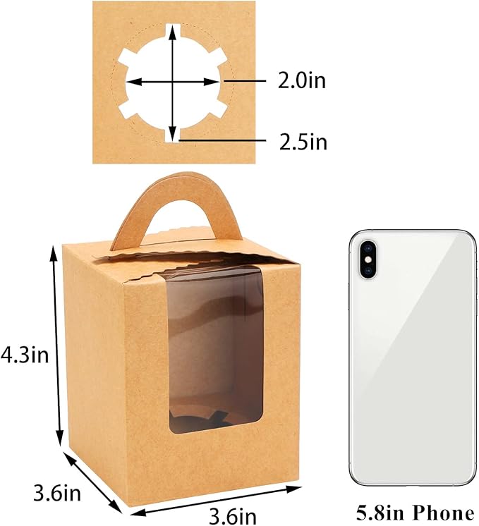 EUSOAR Cupcake Boxes Kraft Paper, 50pcs Portable Single Individual Paper Cupcake Holder Containers,Muffin Gift Boxes with Window Inserts Handle, for Wedding Birthday Party Candy Boxes
