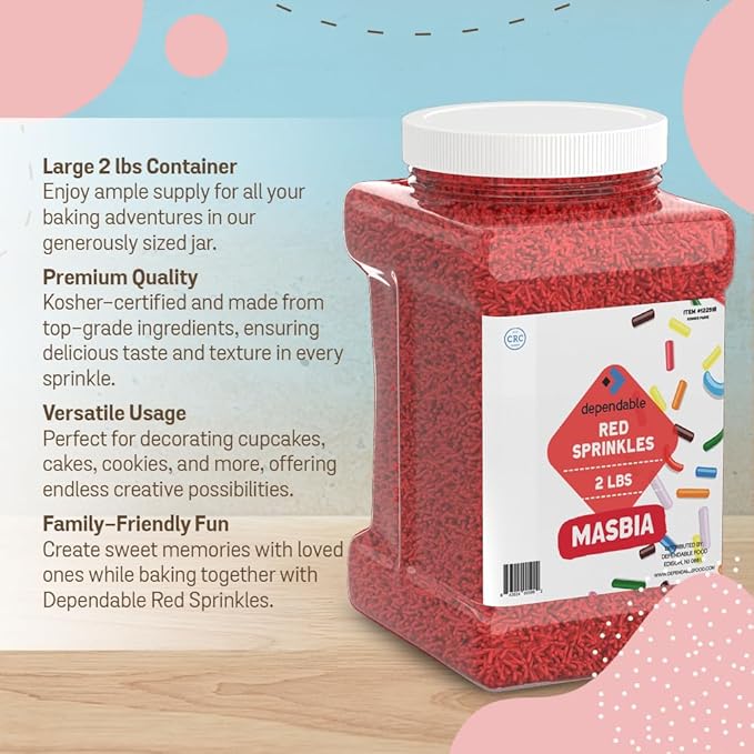 Dependable Food Red Sprinkles - 2 Lb. Bulk Container - Gluten-Free, Kosher, Red Jimmies for Cake Decorating, Cupcakes & More - Resealable Jar