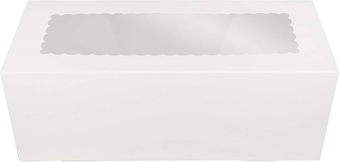 O'CREME White Rectangular Cake Box 14.5 Inch x 5 Inch x 3 Inch High with Scalloped Window - Pack of 25