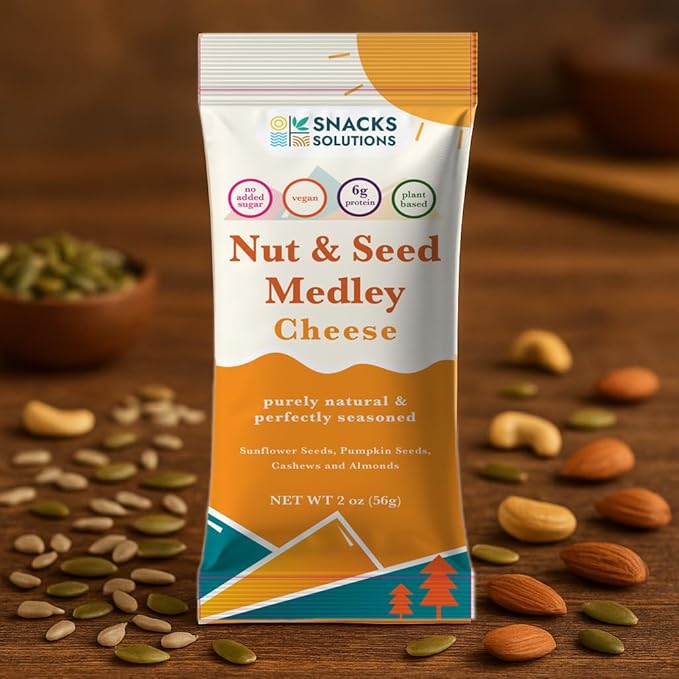 Snacks Solutions Nut and Seed Medley (2 oz - Pack of 8, Cheese) Natural, Gluten Free and Perfectly Seasoned, Sunflower Seeds, Pumpkin seeds, Cashews and Almonds