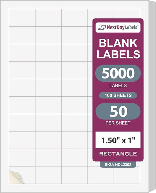 NextDayLabels – 1.5" x 1" Rectangular Sticker Labels for Printer - White Laser/Inkjet Printer Labels Return Address Labels Shipping Label Stickers (100 Sheets, 50 Per Sheet, 5000 Labels)