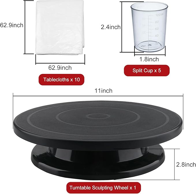 11”Rotate Turntable Sculpting Wheel with Pour Painting Supplies Acrylic Pouring Strainers for DIY Art Pouring Acrylic Paint Kit
