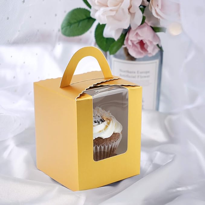 EUSOAR Gold Cupcake Boxes, 25pcs 3.6"x 3.6"x 4.3" Single Cupcake Carrier with Window Insert and Handle, Kraft Pastry Containers, Muffins Cupcake Carriers for Bakery Wrapping Party Favor Packing