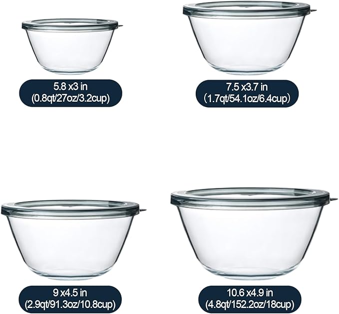 M MCIRCO Glass Mixing Bowls with Lids, 4 Packs Glass Bowl Set, Nesting Bowls for Meal Prep, Food Storage, Bowls For Cooking, Baking, BPA-Free, 0.8/1.7/1.6/2.9/4.8 Qt