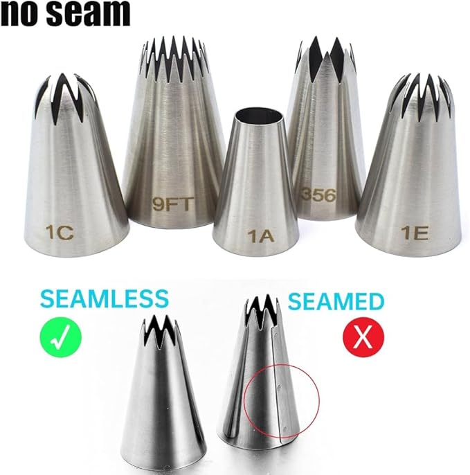 5 Pack Stainless Steel Seamless Piping Icing Tips 1C 1E 1A 356 9FT, Large Piping Nozzle, Cake Decorating Tools for Cupcake Baker