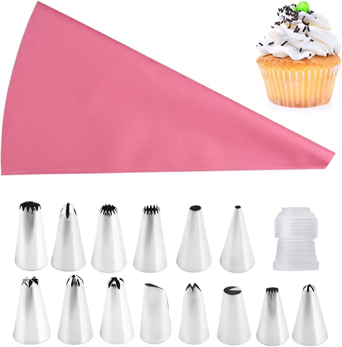 14 Pieces Piping Tips Large, Large Piping Tips Set with Converter and Decorating Bag, Sturdy and Long-Lasting, for Cupcakes, Cake, Cookie and Decorating