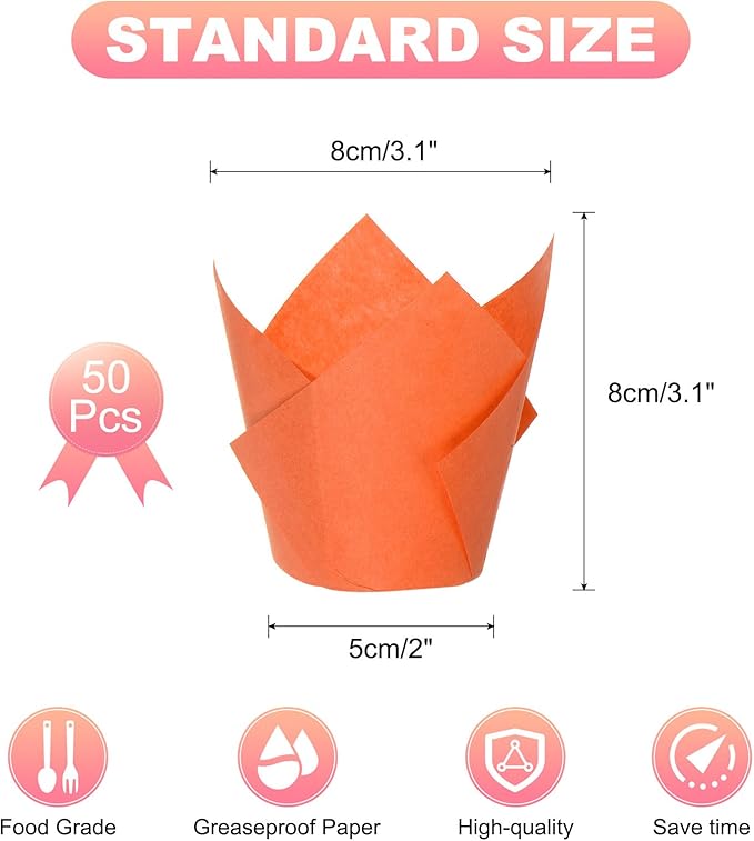uxcell 50 Pcs Tulip Baking Cups Cupcake Muffins Liners Paper Greaseproof Wrappers for Wedding Birthday Party Festivals Christmas, Orange