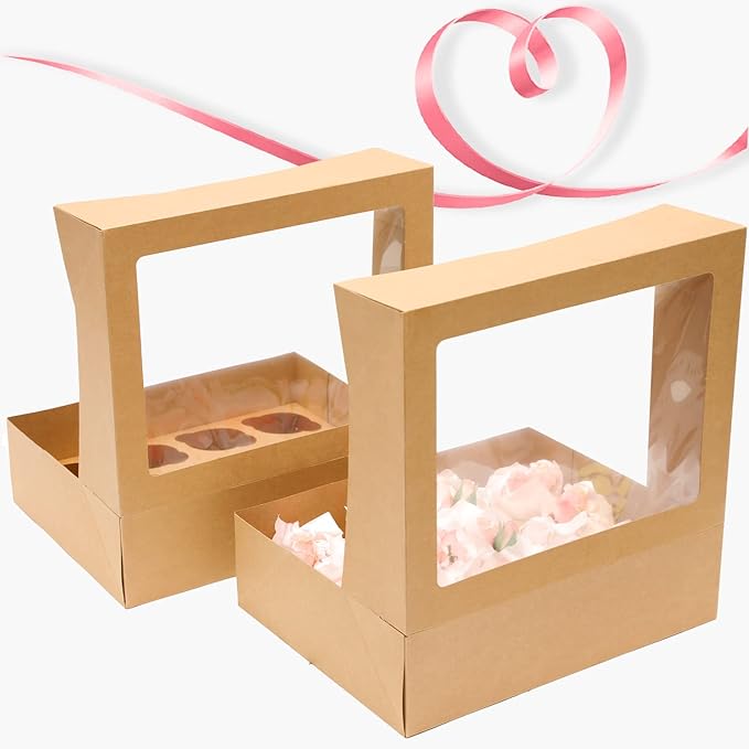 12 Cupcake Containers 12-Packs Brown Cupcake Box Cupcakes Carrier, 12 Cupcake Boxes with Window 13"x10"x3.5"（Auto-pop up）