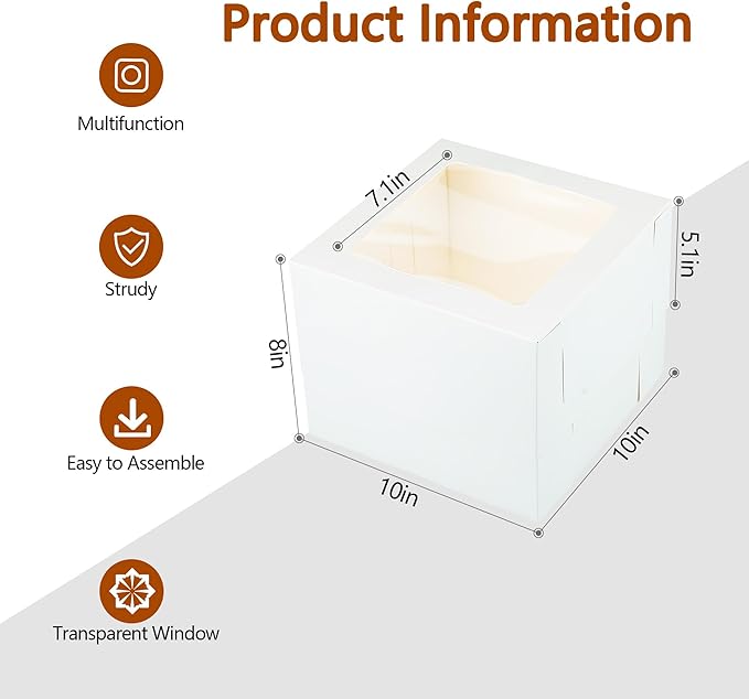 Yeplan 10 Packs Tall Cake Boxes and Cake Boards,10x10x8 inches Bakery Boxes with Window,White Multi-Layer Cake Containers for Birthday,Wedding,Thanksgiving Day