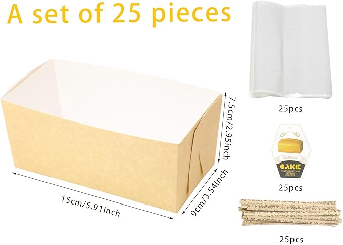 Disposable loaf pans,paper loaf pan for baking bread,25 Pcs Natural Recyclable Bakery Pastry Mold with Clear Package Bag，Providing Beautiful Display for Baked Goods(5.9 x3.5 x3Inch)