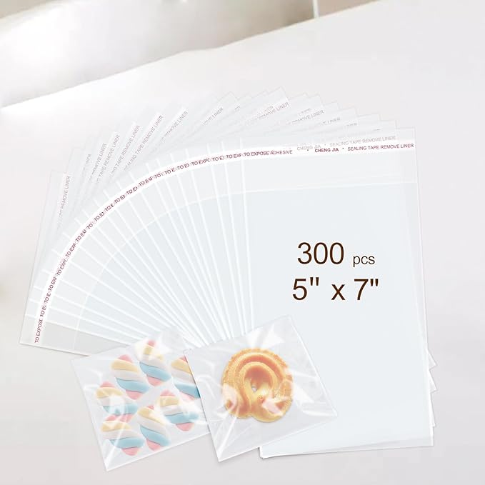 300PCS Clear Self Sealing Cellophane Bags - Cookie, Candy & Bread Bags (5x7 Inches)