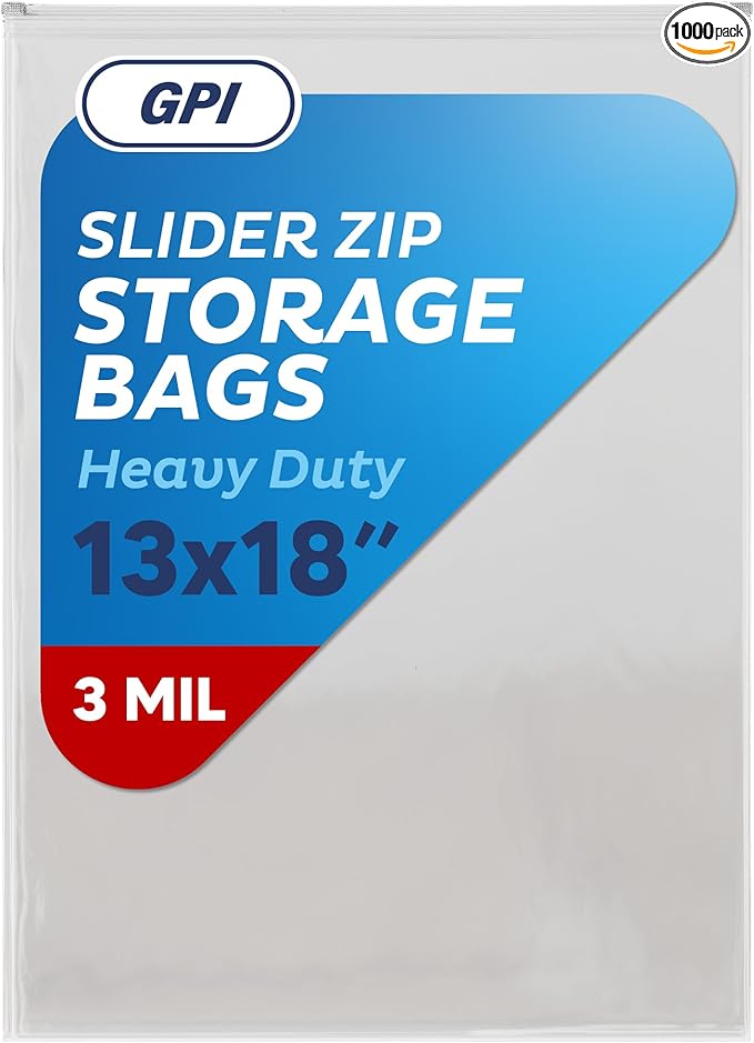 1000 Count - Slider Zip 2.5 Gallon Jumbo Food Storage Bags, 13" x 18" 3 Mil Heavy Duty, Extra Large, Strong & Durable For Freezer Storage. GPI