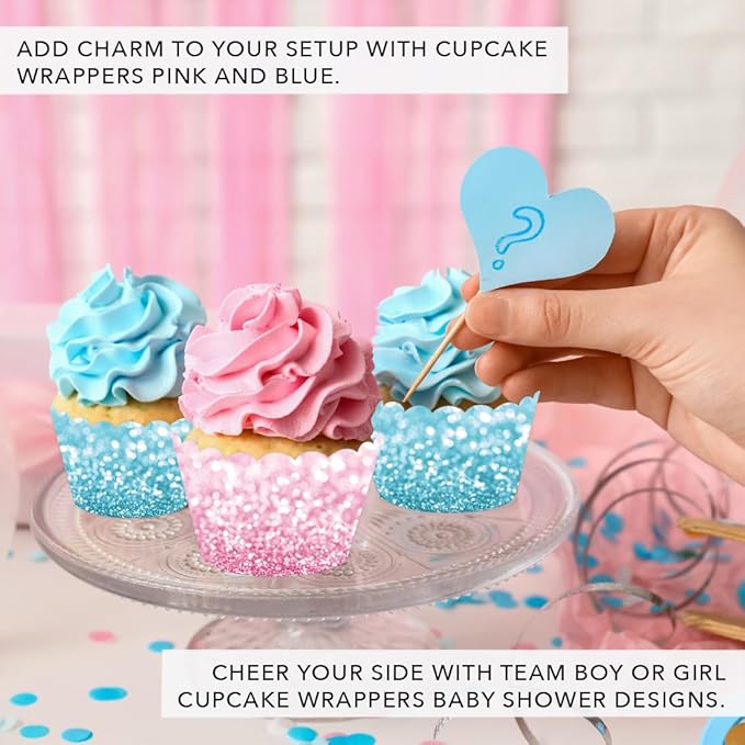 Andaz Press Party Cupcake Wrapper Decorations, Faux Pink And Baby Blue Glitter, 24-Pack, Gender Reveal Boy Or Girl Baby Shower Theme Bulk Cake Supplies Gender Reveal Cupcake Wrappers Baby Shower