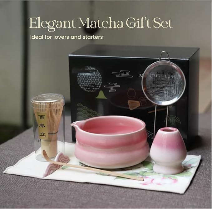 Matcha Whisk Set, 7 Pcs Kit Includes Ceramic Bowl, Traditional Bamboo Whisk and Holder, Scoop, Scoop Rest, Sifter and Tea Towel - Perfect for Matcha Lovers and as gifts (Suntset Pink)