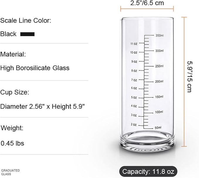 Graduated Glass Drinking Cup, High Borosilicate Glass Measuring Cup for Elderly, Beginners, Weight Loss, Straight Clear Glasses with Measurements for Water, Milk, Juice, Milkshake, Coffee (350 ml)