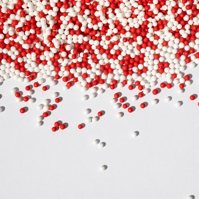 Sprinkles, White Red Edible Pearl Sprinkles for Cake Decorations, Baking, Ice Cream, Cookies, Cupcake Topper Edible Pearls Sprinkles - 2mm Matte White Sugar Pearls for Cake Decorating 130g/4.6oz 1 Bottle (2mm red white)