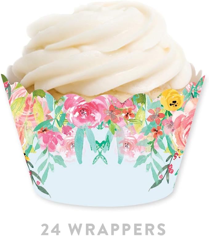 Andaz Press Cupcake Wrapper Decorations - Tea Party Pink Roses on Baby Blue, 24-Pack for Girls' 1st Birthday or Bridal Shower