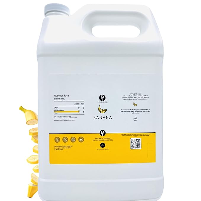 Dolce Flav Banana Extract – 1 Gallon Oil-Soluble Kosher, Sugar-Free, Concentrated Ripe Banana Flavoring for Baking, Smoothies & Ice Cream