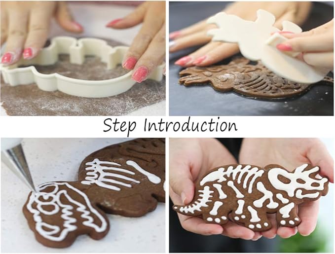 Jurassic Dinosaur Cookie Cutters and Skeleton Stampers T-Rex Stegosaurus Triceratops Fossil Cookie Cutters Set (Pack of 6)