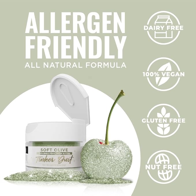Bakell - Soft Olive Green Tinker Dust (5g, 1x Jar) Edible Glitter for Food, Desserts, and Beverages!