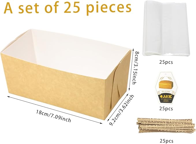 Disposable loaf pans,paper loaf pan for baking bread,25 Pcs Natural Recyclable Bakery Pastry Mold with Clear Package Bag，Providing Beautiful Display for Baked Goods(7.1x3.6x3.2Inch)