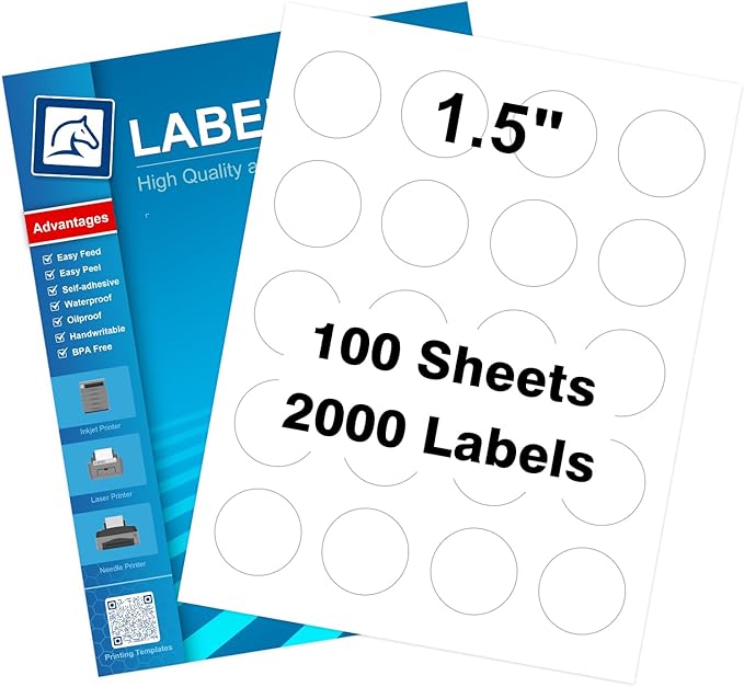1.5" Round Sticker Labels - White Printable Sheets, Circle Stickers - 100 Sheets | 2000 Labels (HB-C020)