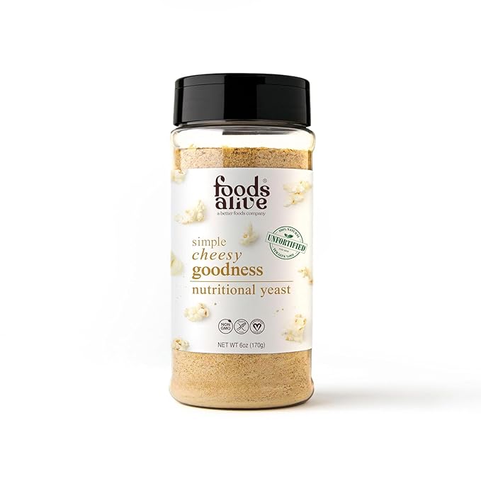Foods Alive Nutritional Yeast Flakes - (6oz Shaker) Non Fortified and Gluten Free Plant Based Protein, Great Vegan Cheese Powder and Popcorn Seasoning, Flavor Booster for Keto and Whole Foods!