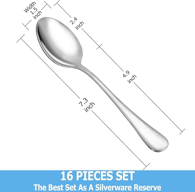 Dinner Spoon Set,16 Pcs 7.3" Tablespoons,Premium Food Grade Stainless Steel Spoons,Durable Metal Spoon,Tablespoon,Silverware Spoons Only,Mirror Finish & Dishwasher Safe,Use for Home,Restaurant