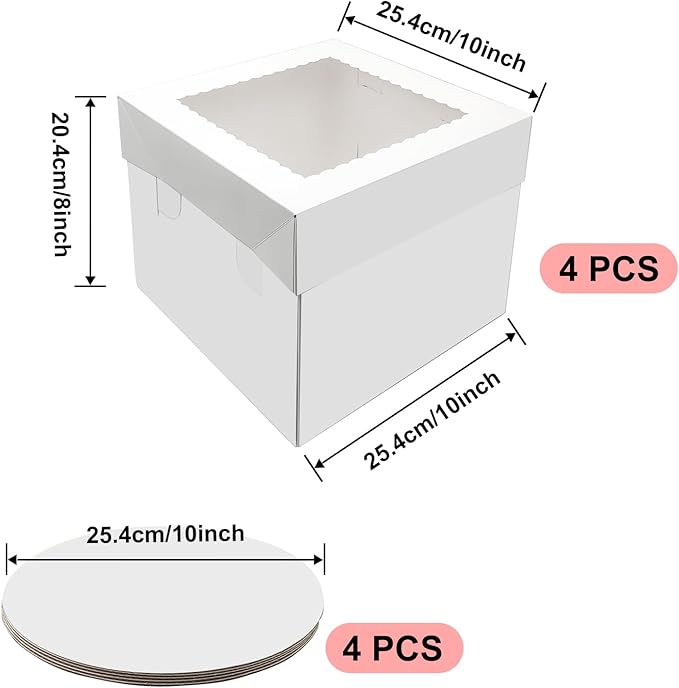 itechpanda 4 Pack Cake Boxes 10x10x8 Inches Tall Cake Box with Cake Boards White Bakery Boxes with Window Disposable Cake Containers with Lids for Baking Cake Donuts Cheesecake Wedding Birthday Party
