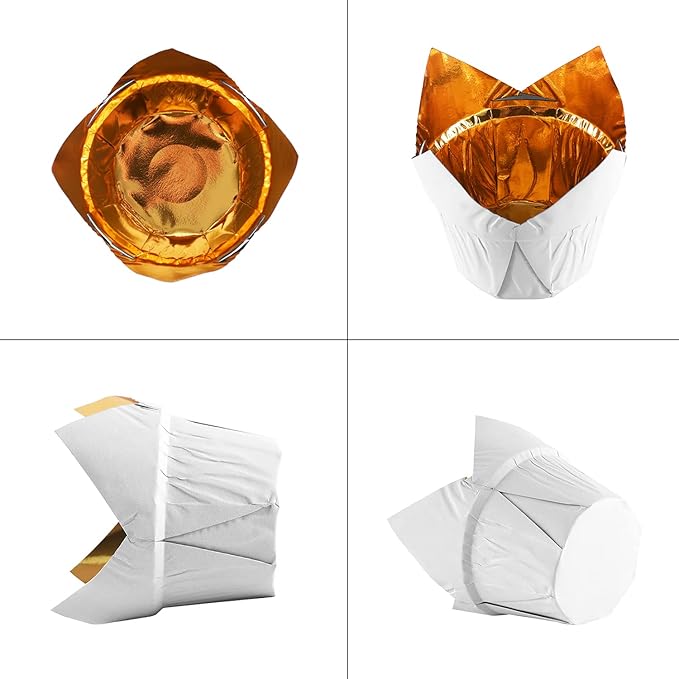 Party Hippo Gold Tulip Cupcake Liners 100 Pcs Baking Paper Cups Holders Greaseproof Muffin Cases Wrappers for Wedding Birthday Party Baby Shower (White)