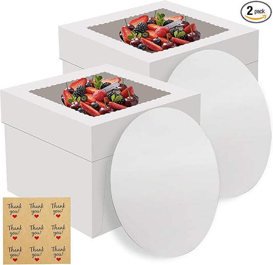 2 Pack Cake Boxes, 10x10x8 Inches Tall Cake Box with Cake Boards, Disposable Cakes Carrier, Cakes Transport Container with Lid, White Bakery Boxes with Window, for Cookies Pies Cupcakes
