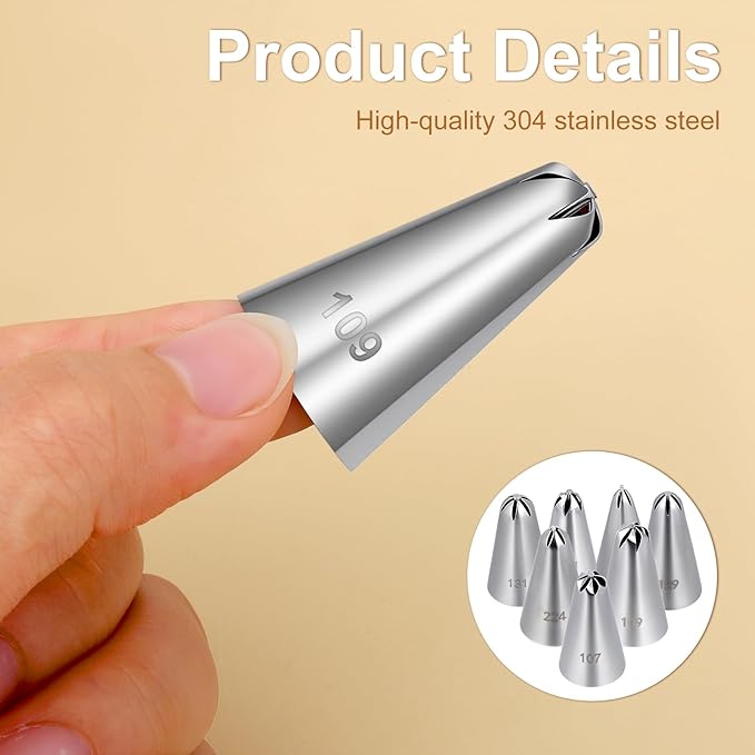 7 Pcs Drop Flower Piping Tips Set, 107, 109, 129, 131, 191, 224, 225 Stainless Steel Icing Tip for Swirl, Rosette, Cake Cookie Decorating Floral Patterns