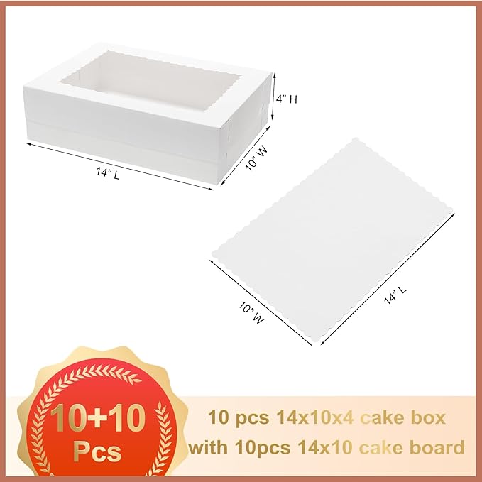 10pcs 14x10x4 Quarter Sheet Cake Boxes with 10 pcs Cake Boards - Rectangle Bakery Boxes with Window for Pastry Baking, Cupcakes, Donuts, Cookies, Pie Treat Packaging White Large